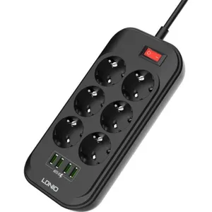 [99_44_01_0007] Multiprise prolongateur 2P+T, 6 ports avec interrupteur et protection parafoudre longueur de câble 3m